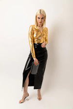 Load image into Gallery viewer, LUPE BLACK METALLIC LEATHER MAXI SKIRT
